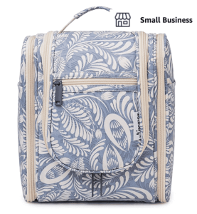Hanging toiletry bag with blue and white floral design