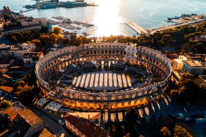 Aerial view of the Pula Area, an ancient colosseum from the Roman Empire