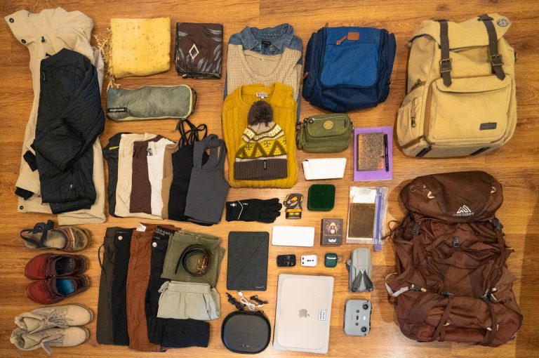 Items packed for long term travel, laid out on the floor