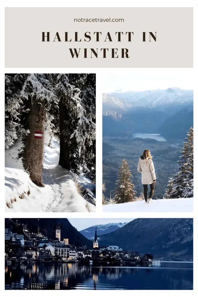 3 Images of Hallstatt in winter with text reading hallstatt in winter