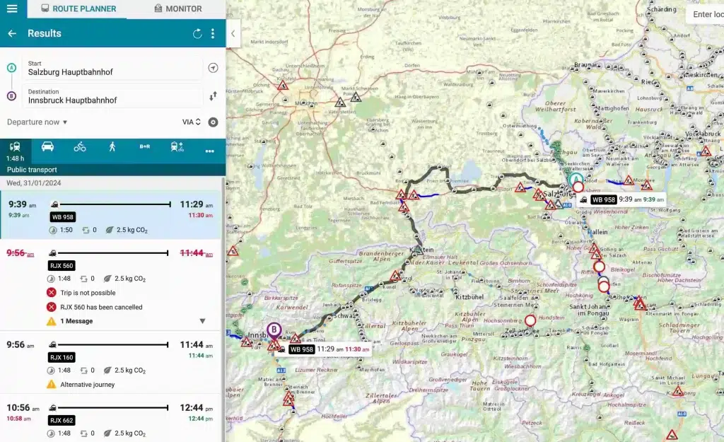 Screenshot of the Verkher website map navigating transportation in Austria from Salzburg to Innsbruck