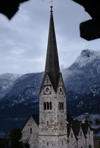 Church bell tower in Hallstatt, Austria