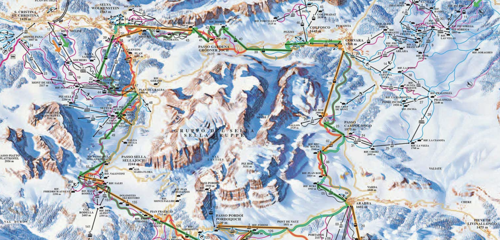 Map of Sellaronda ski circuit in the Dolomite mountains