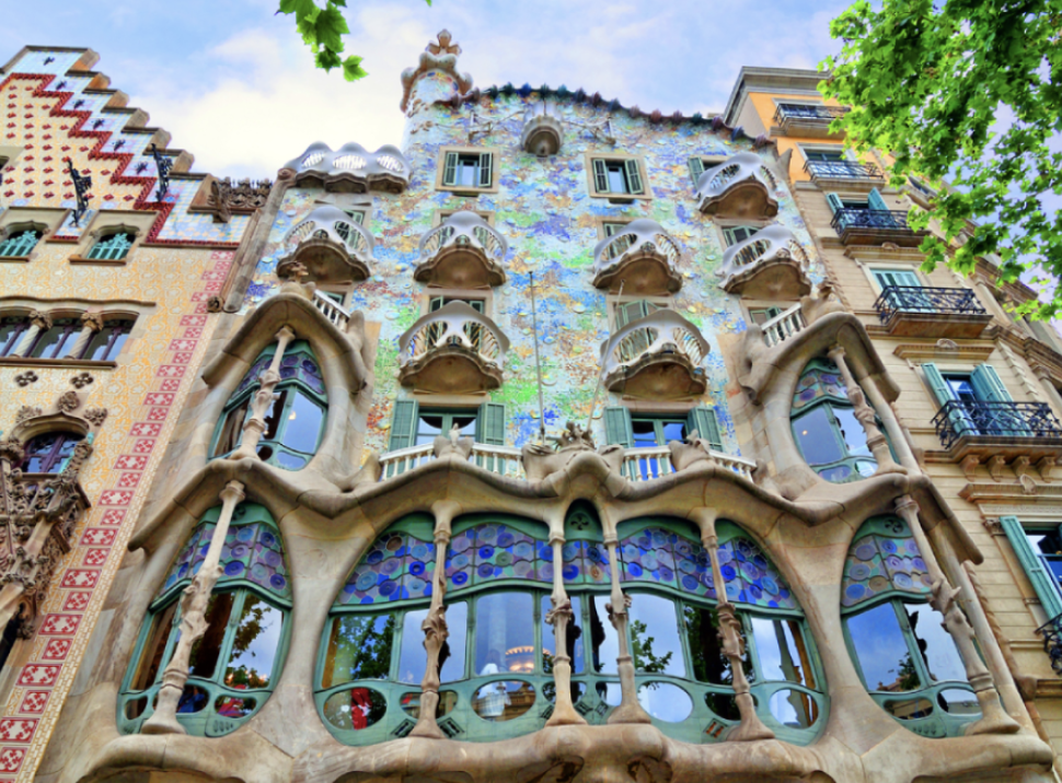 Perspective of unique architectural facade of Casa Batllo in Barcelona Spain,