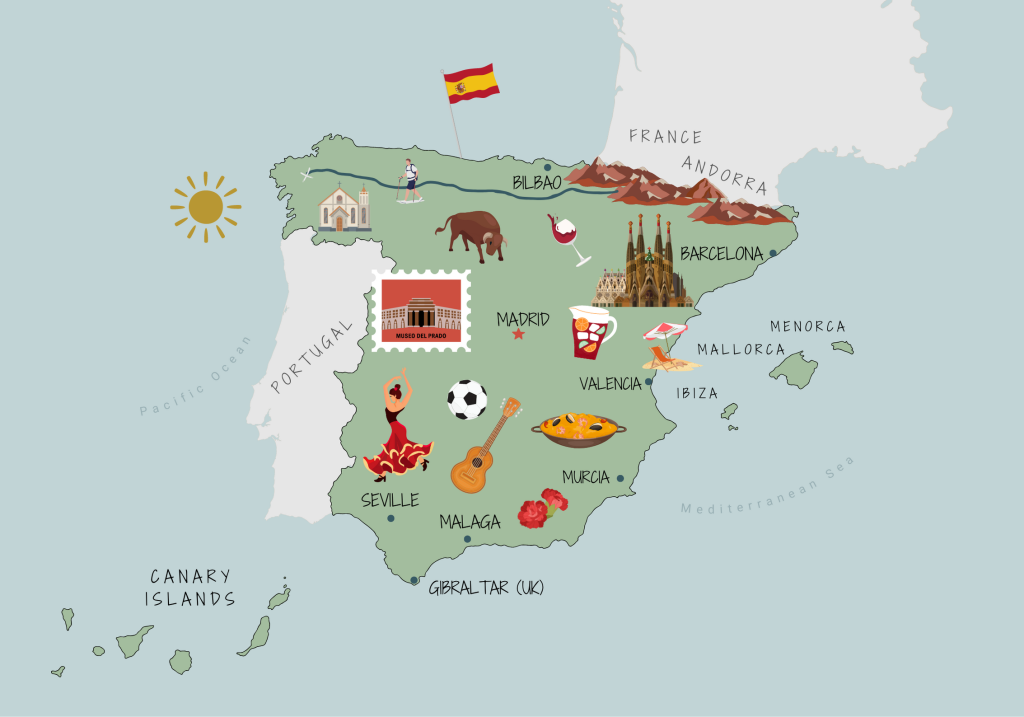 Map of Spain showing main features and attractions for culture and tourism