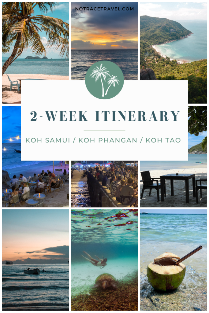 Grid of photos from Koh Samui, Koh Phangan, and Koh Tao with the words stating 2-week itinerary