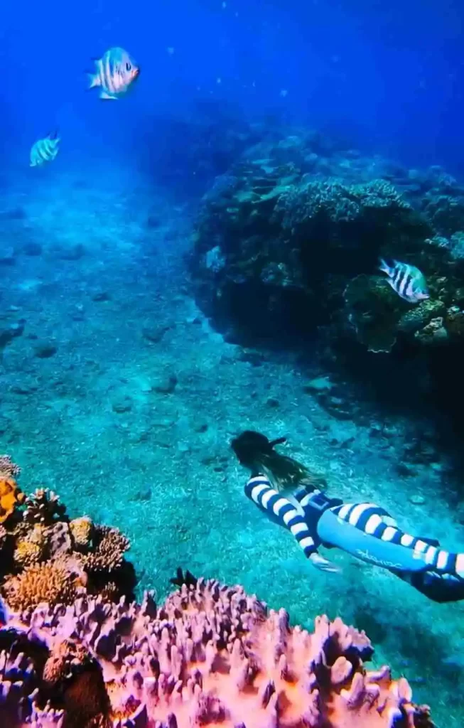 A girl in a striped wetsuit swimming through vibrant coral reefs in Okinawa, Japan