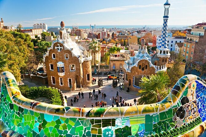 Mosaic tiles fence overlooking the Monumental Zone in Park Güell, Barcelona.