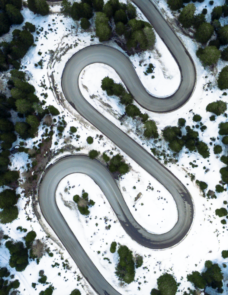 Aerial view of hair pins turns on a mountain road in the Dolomites