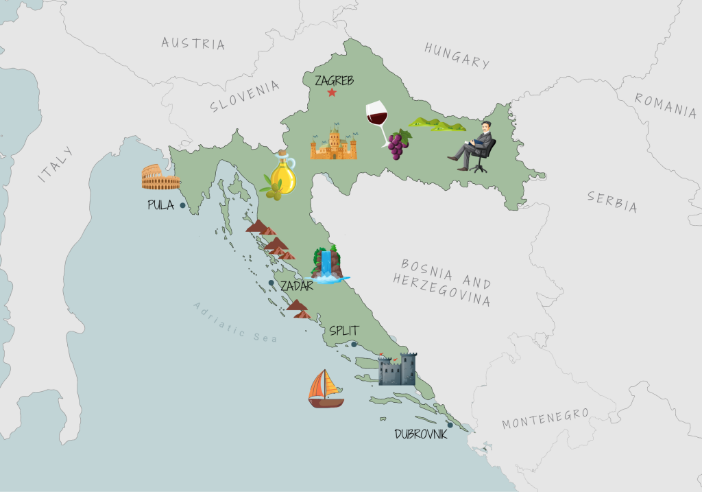 Map of Croatia showing main features and attractions for culture and tourism