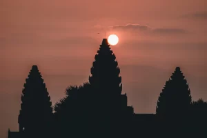Sunrise at Angkor Wat with pink skies